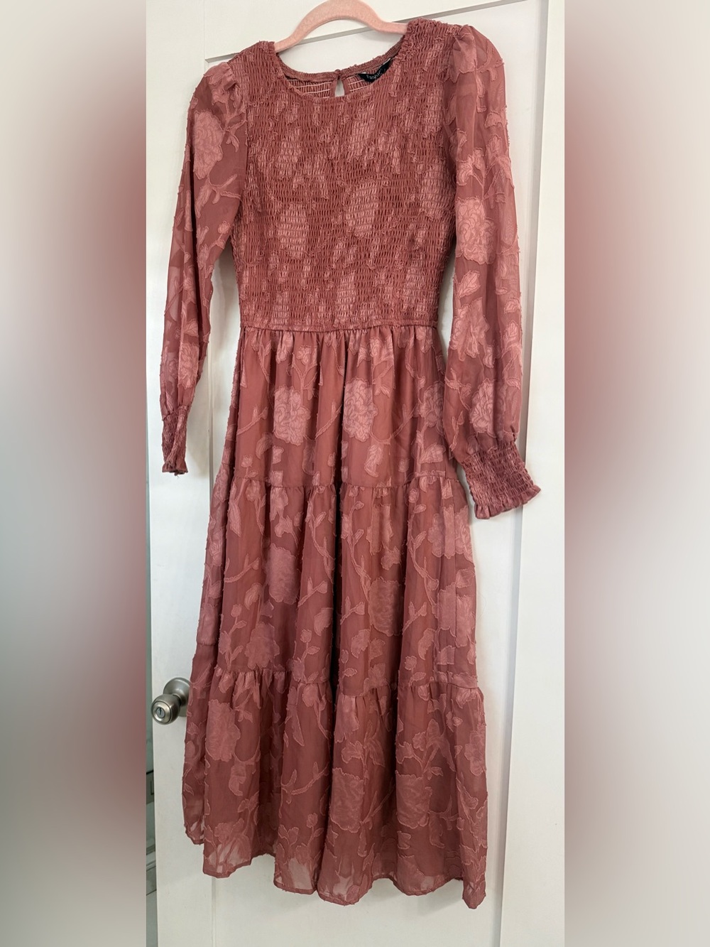 Mauve Floral Smocked Long Sleeve Maxi Dress